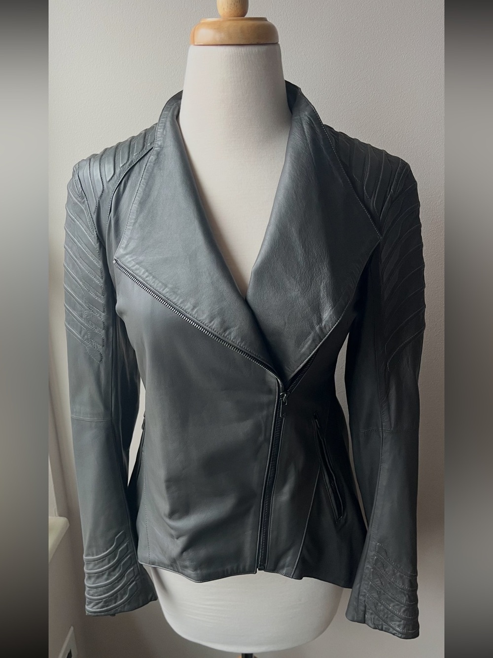 Skingraft Women's Gray Leather Asymmetric Moto Jacket Sz S Small
